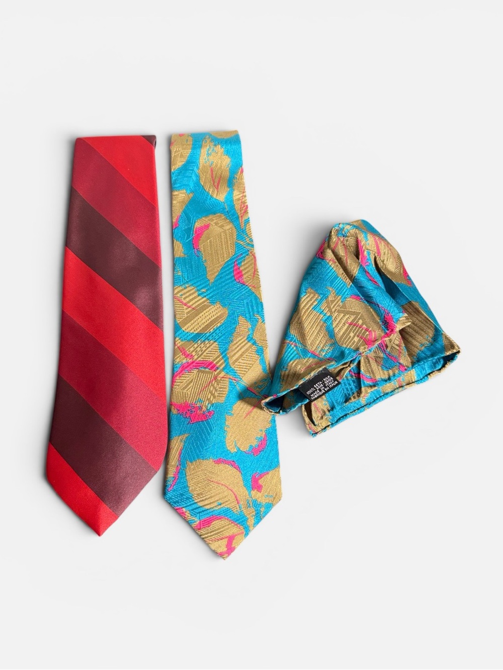 Mens red blue vintage silk pocket square lot bundle 2 neck ties